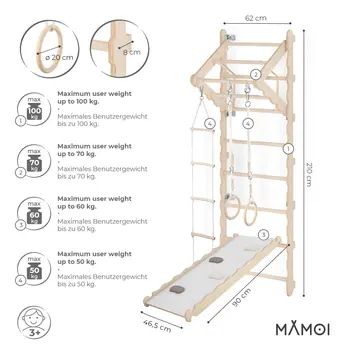 MAMOI® Swedish ladder, Wooden gorilla gym for kids, Indoor baby climbing frame for toddlers, Monkey bars and play gym, Childrens climbing wall, Gymnastics bar and equipment for home