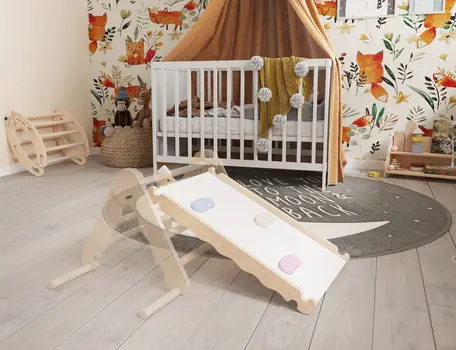 MAMOI® Nowoczesna zjeżdżalnia dla maluchów do trójkąta wspinaczkowego | zjeżdżalnia dla dzieci wewnątrz pomieszczeń scandi design | pochyła deska do drabinki naściennej z naturalnego drewna | 100% ECO | Made in EU