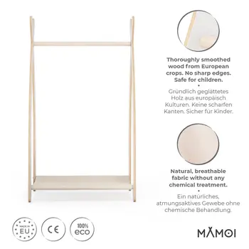 MAMOI® Children clothes rail Beige 53x95x32cm | Dressing up rail for kids made of Yarnwood | Baby wardrobe clothes storage modern design | Baby accessories | 100% ECO | MADE in EU