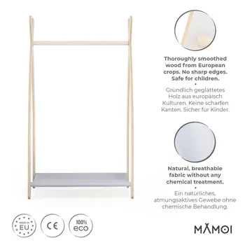 MAMOI® Kleiderstange Baby Kinderzimmer | Kinderkleiderstange 53x95x32cm | Kinder Kleiderständer Baby | Garderobenständer | Baby Garderobe | Kindergarderobe | 100% ECO | Made in EU