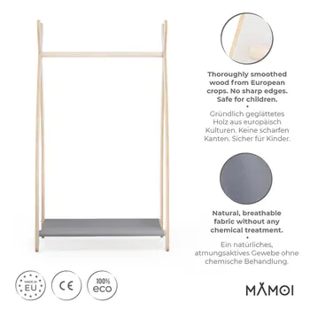 MAMOI® Children clothes rail Grey 53x95x32cm | Dressing up rail for kids made of Yarnwood | Baby wardrobe clothes storage modern design | Baby accessories | 100% ECO | MADE in EU