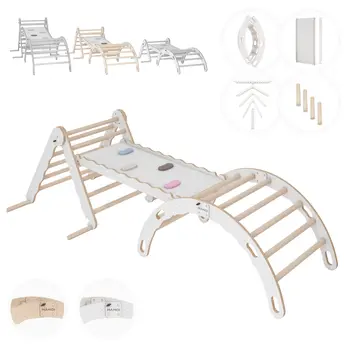 MAMOI® Set Klettergerüst indoor, Kletterdreieck mit rutsche aus holz, Kletterbogen, Baby kinder klettern, Regenbogenwippe mit Rutschbrett, Holzbogen für Spielplatz ab 1/2/3 jahre, Montessori
