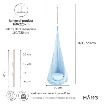 MAMOI® Swing hanging chair Blue, Indoor hammock, Sensory swing seat for bedroom for kids, Child door swinging nest for autism, Garden egg swings for children