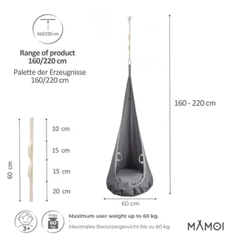 MAMOI® Swing hanging chair Grey, Indoor hammock, Sensory swing seat for bedroom for kids, Child door swinging nest for autism, Garden egg swings for children