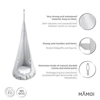 MAMOI® Swing hanging chair Light grey, Indoor hammock, Sensory swing seat for bedroom for kids, Child door swinging nest for autism, Garden egg swings for children