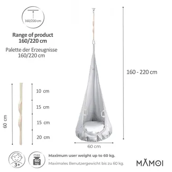 MAMOI® Swing hanging chair Light grey, Indoor hammock, Sensory swing seat for bedroom for kids, Child door swinging nest for autism, Garden egg swings for children