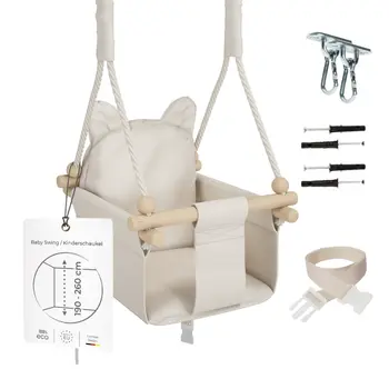 MAMOI® Wooden baby swing seat for toddlers Beige, Indoor toddler swings chair from birth, Kids baby bouncer for garden, Child rocker swing set from 8 months