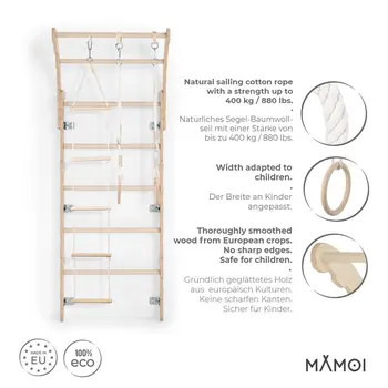 MAMOI® Swedish ladder, Wooden gorilla gym for kids, Indoor baby climbing frame for toddlers, Monkey bars and play gym, Childrens climbing wall, Gymnastics bar and equipment for home