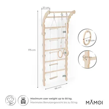 MAMOI® Swedish ladder, Wooden gorilla gym for kids, Indoor baby climbing frame for toddlers, Monkey bars and play gym, Childrens climbing wall, Gymnastics bar and equipment for home