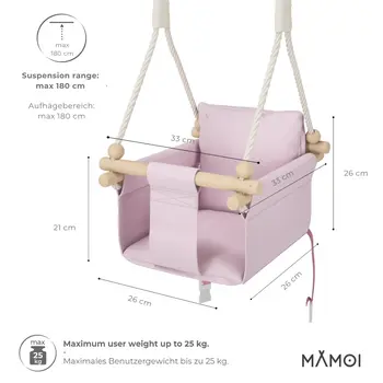 MAMOI® Wooden baby swing seat for toddlers Pink, Indoor toddler swings chair from birth, Kids baby bouncer for garden, Child rocker swing set from 8 months