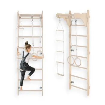 MAMOI® Children’s Gymnastic Ladder (210 cm) | Wall-Mounted Training Ladder | Rope Ladder for Kids | Wooden Indoor Playground | Gymnastic Rings | 100% ECO | Made in EU