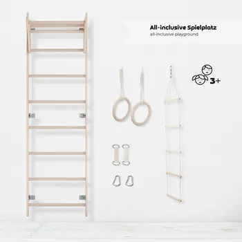 MAMOI® Children’s Gymnastic Ladder (210 cm) | Wall-Mounted Training Ladder | Rope Ladder for Kids | Wooden Indoor Playground | Gymnastic Rings | 100% ECO | Made in EU
