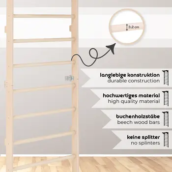 MAMOI® Wall-Mounted Gymnastics Bar with Pull-Up Bar (230 cm) | Wooden Training Ladder | Multi-Purpose Fitness Equipment | Wall-Mounted Gym Ladder for Adults & Kids | 100% ECO | Made in EU