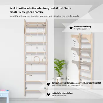 MAMOI® Children’s Gymnastic Ladder (210 cm) | Wall-Mounted Training Ladder | Rope Ladder for Kids | Wooden Indoor Playground | Gymnastic Rings | 100% ECO | Made in EU