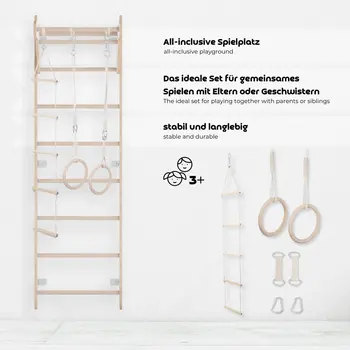 MAMOI® Échelle de gymnastique pour enfants (210 cm) | Échelle d'entraînement murale | Échelle de corde pour enfants | Aire de jeux en bois pour la maison | Roues de gymnastique | 100% ECO | Fabriqué en UE