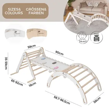 MAMOI® Set : Triangle, arche escalade et toboggan pour enfant, Structure motricité interieur pour bébé, Mur descalade et tobogan intérieur en bois pour bebe, Motricite montessori 3 ans