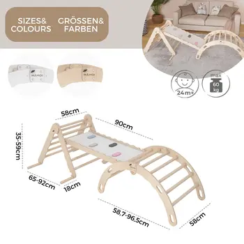 MAMOI® Set Klettergerüst indoor, Kletterdreieck mit rutsche aus holz, Kletterbogen, Baby kinder klettern, Regenbogenwippe mit Rutschbrett, Holzbogen für Spielplatz ab 1/2/3 jahre, Montessori