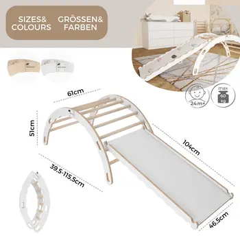 MAMOI® Indoor climbing frame 3 in 1 SET. Montessori climbing arch with cushions, indoor playground 1-3 years and slide for children.