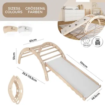 MAMOI® Triangle avec toboggan interieur, Mur escalade pour enfant, Aire de jeux pour bebe, Espalier en bois, Rocker arche à partir de 1/2/3 an, Bascule montessori