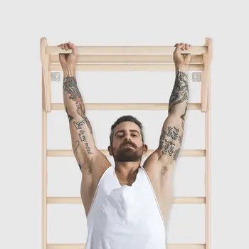MAMOI® Wall-Mounted Gymnastics Bar with Pull-Up Bar (230 cm) | Wooden Training Ladder | Multi-Purpose Fitness Equipment | Wall-Mounted Gym Ladder for Adults & Kids | 100% ECO | Made in EU