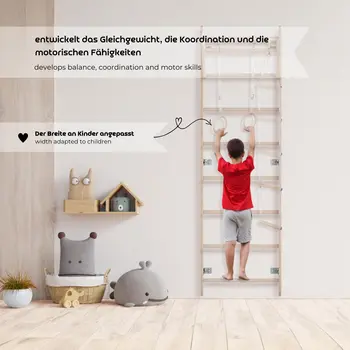 MAMOI® Children’s Gymnastic Ladder (210 cm) | Wall-Mounted Training Ladder | Rope Ladder for Kids | Wooden Indoor Playground | Gymnastic Rings | 100% ECO | Made in EU