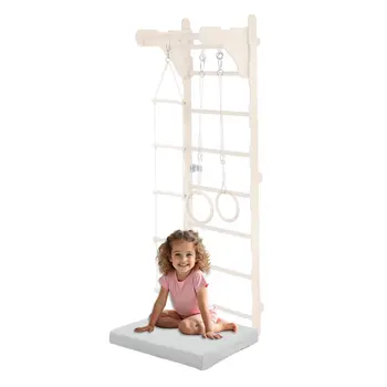 MAMOI® Children's Gymnastics Wall Bar (210 cm) | Wooden Wall-Mounted Ladder | Climbing Ladder for Kids | Gymnastic Rings | Safety Mat | Climbing Rope | 100% ECO | Made in EU