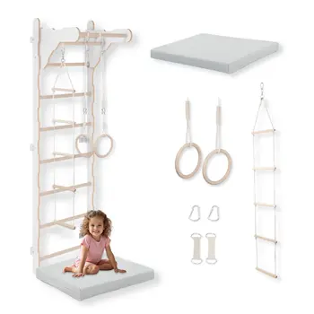 MAMOI® Échelle de gymnastique pour enfants (210 cm) | Échelle murale en bois | Cadre d'escalade pour enfants | Roues de gymnastique | Matelas de protection | Échelle de cordes | 100% ECO | Fabriqué en UE