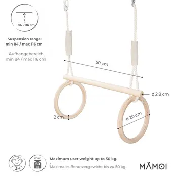 MAMOI® Trapeze bar baby swing, Indoor gymnastic rings, Monkey bars gorilla gym, Gymnastics pull up equipment for kids, Olympic rings and swings for calisthenics