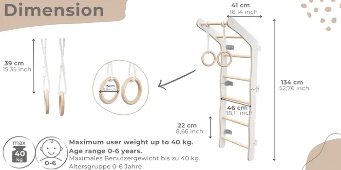MAMOI® Swedish ladder, Wooden gorilla gym for kids, Indoor baby climbing frame for toddlers, Monkey bars and play gym, Childrens climbing wall, Gymnastics bar and equipment for home