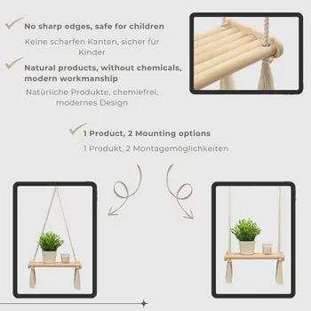 MAMOI® Wooden wall shelf Boho Hanging shelf Hand-woven macramé Floating shelf Wall decor Plant stand for kitchen Bedroom Living room
