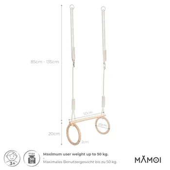 MAMOI® Trapez schaukel, Turnringe aus holz, Turngeräte für kinder indoor und outdoor, Ringe schaukel, Turnen mit Holzschaukel, Gymnastikringe und Trapezstange