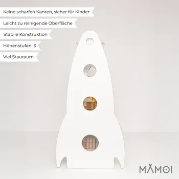 MAMOI® Children’s rocket-shaped bookshelf, wooden Montessori bookcase, kids book and toy organizer, shelf for children’s room, 100% ECO, Made in EU