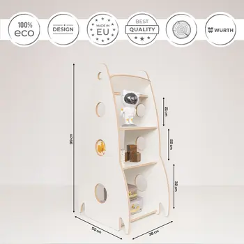 MAMOI® Children’s rocket-shaped bookshelf, wooden Montessori bookcase, kids book and toy organizer, shelf for children’s room, 100% ECO, Made in EU