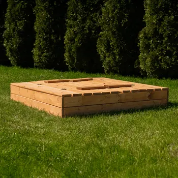 MAMOI Bac à sable avec couvercle 120x120 Bac à sable imprégné Bac à sable avec bancs Couverture de jouets en bois Bancs 150x150
