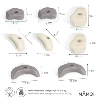 MAMOI ® Klettergriffe | Klettergriff Set | Klettersteine für Kletterwand | Klettergriffe für Kinder | Griffe Boulderwand | Inklusive Befestigungsmaterial | Made in EU