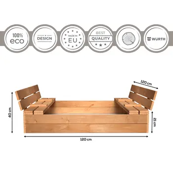 MAMOI Bac à sable avec couvercle 120x120 Bac à sable imprégné Bac à sable avec bancs Couverture de jouets en bois Bancs 150x150
