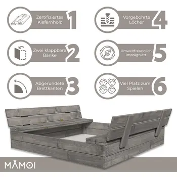 MAMOI Bac à sable avec couvercle 120x120 Bac à sable imprégné Bac à sable avec bancs Couverture de jouets en bois Bancs 150x150