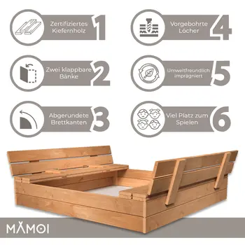 MAMOI Bac à sable avec couvercle 120x120 Bac à sable imprégné Bac à sable avec bancs Couverture de jouets en bois Bancs 150x150