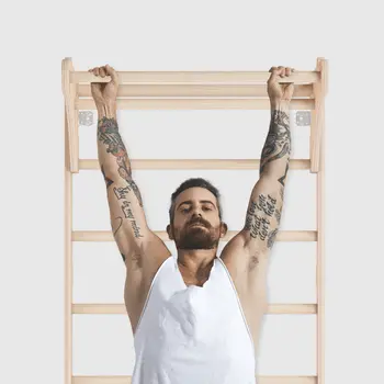 MAMOI® Sprossenwand mit verstellbaren Holzringen, Trainingsgerät für Erwachsene und Kinder, Heim-Fitness, Kraft- und Mobilitätstraining, Naturholz, Wandmontage, Made in EU, 100 % ECO