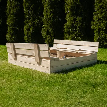 MAMOI Sandkasten mit Deckel 120x120 Sandbox natürlich Sandkiste mit Sitzbänken Holz Spielzeug Abdeckung Sitzbänken 150x150