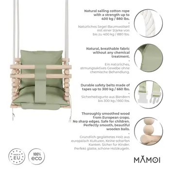 MAMOI Baby swing, Child swing, Swing for children Swing 3 in 1 + SAFETY Belt, Baby swing, Baby swing and swing seat, Children's swing Wood Indoor Outdoor