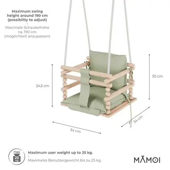 MAMOI Baby swing, Child swing, Swing for children Swing 3 in 1 + SAFETY Belt, Baby swing, Baby swing and swing seat, Children's swing Wood Indoor Outdoor