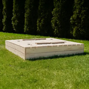 MAMOI Sandkasten mit Deckel 120x120 Sandbox natürlich Sandkiste mit Sitzbänken Holz Spielzeug Abdeckung Sitzbänken 150x150