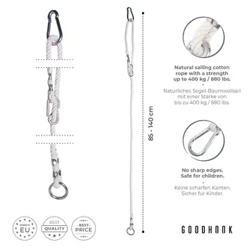 MAMOI® Corde à balancier réglable 85-140 cm | 1 x rallonge de corde à balancier avec mousqueton métallique | Corde en coton naturel avec mousqueton | 100% ECO | Fabriqué dans l'UE