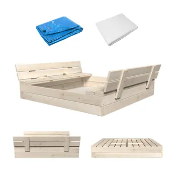 MAMOI Sandkasten mit Deckel 120x120 Sandbox natürlich Sandkiste mit Sitzbänken Holz Spielzeug Abdeckung Sitzbänken 150x150