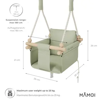 MAMOI® Indoor Children's Swing with Safety Belts, Soft Seat with Cushion, Wooden Handles, Ceiling Mount, 100% ECO, Made in EU