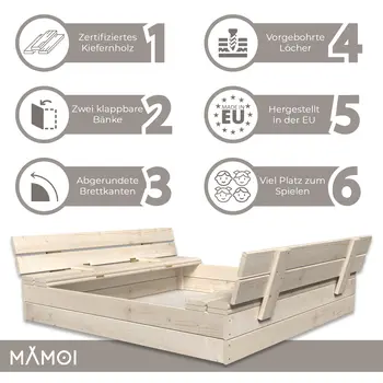 MAMOI Sandkasten mit Deckel 120x120 Sandbox natürlich Sandkiste mit Sitzbänken Holz Spielzeug Abdeckung Sitzbänken 150x150