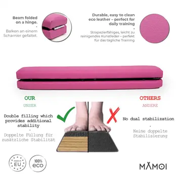 MAMOI® Gymnastikbalancebalken, klappbar, Kunstleder, 200 cm, rutschfest, weiche Oberfläche, für Kinder & Erwachsene, Heimtraining, bis 180 kg Belastbarkeit