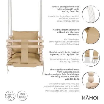 MAMOI® Balancoire bebe pour interieur, Siege balançoire pour bébé, Balancelle de coton en bois naturel, Baby swing pour enfant  à partir de 1 an, 3 en 1