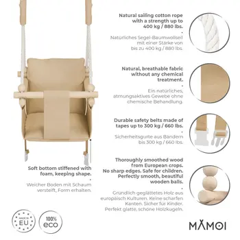 MAMOI® Indoor Children's Swing with Safety Belts, Soft Seat with Cushion, Wooden Handles, Ceiling Mount, 100% ECO, Made in EU